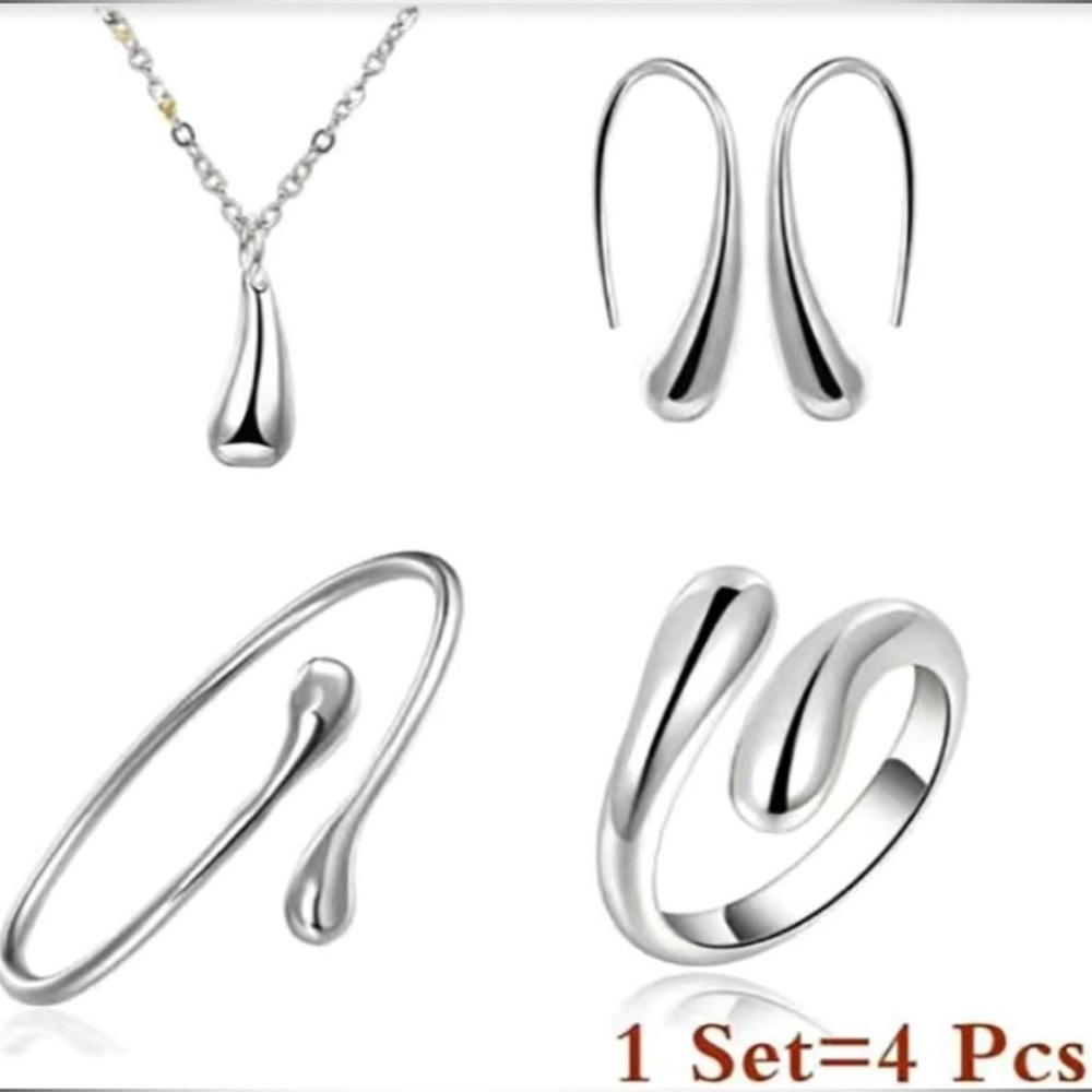 Earrings, Necklace, Ring, Bracelet Classy Silver Water or Tear Drop Jewelry Set